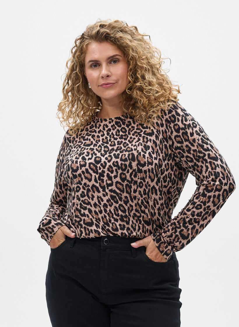 Langermet bluse med leopardm&oslash;nster, Brun, Model image number 0