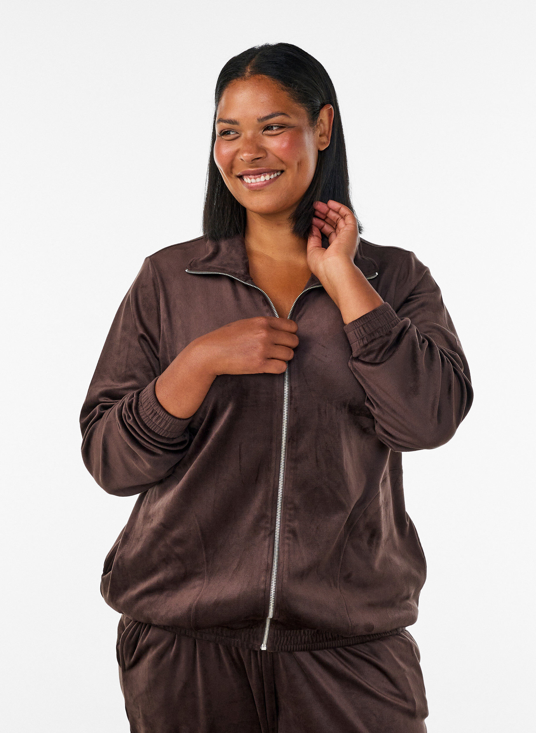 ZizziMyk velourcardigan med glidel&aring;s og h&oslash;y krage, Brun, Model image number 0