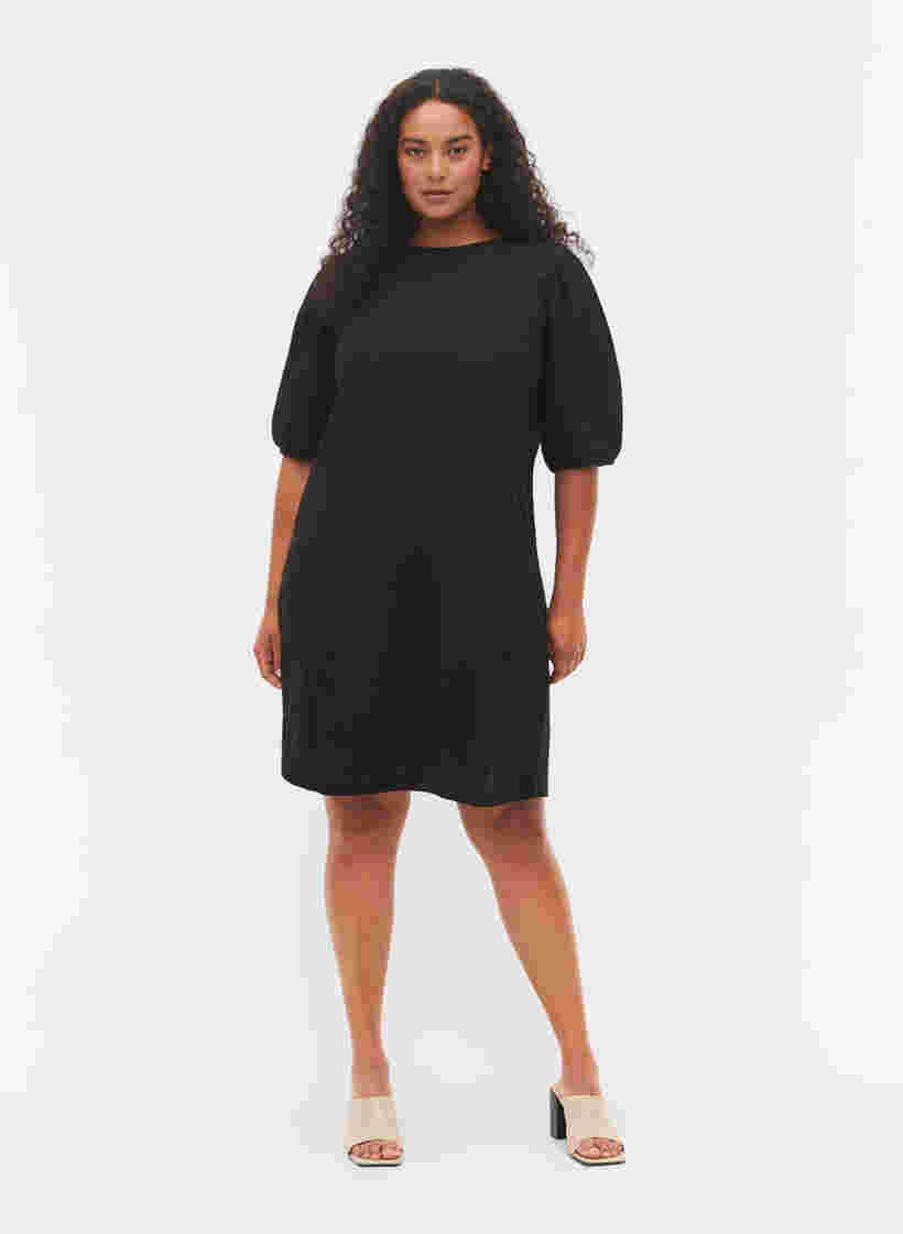 Kjole med strukturmønster og ballongermer, Black, Model image number 2