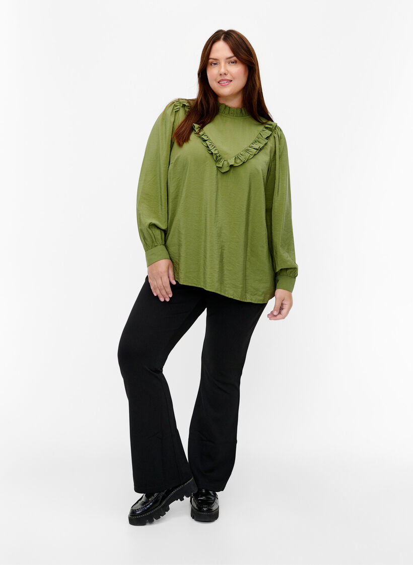Bluse i viskose med volanger, Loden Green, Model image number 2