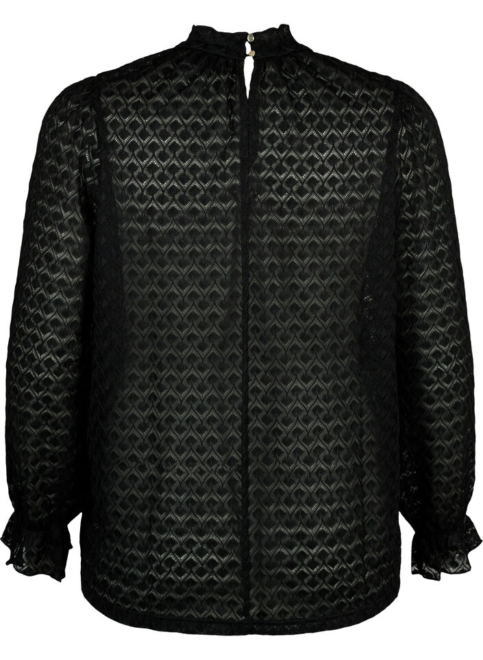 Bluse med lange ermer og mønstret tekstur, Black, Packshot image number 1