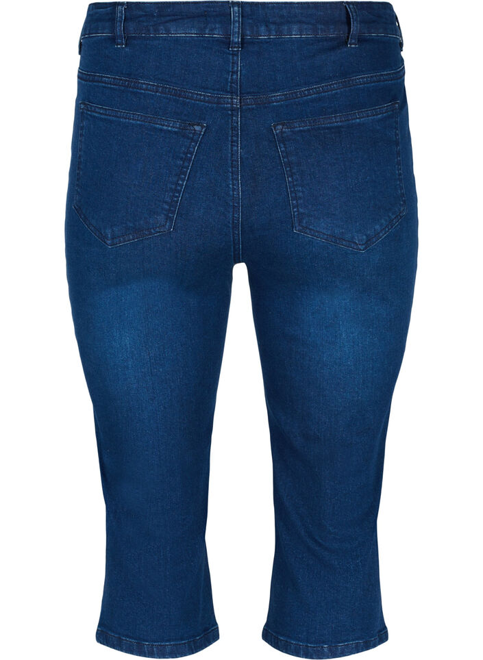 Tettsittende capribukser i denim og bomull, Dark blue denim, Packshot image number 1