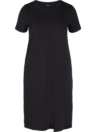 Kortermet kjole i bomull med splitter, Black, Packshot image number 0