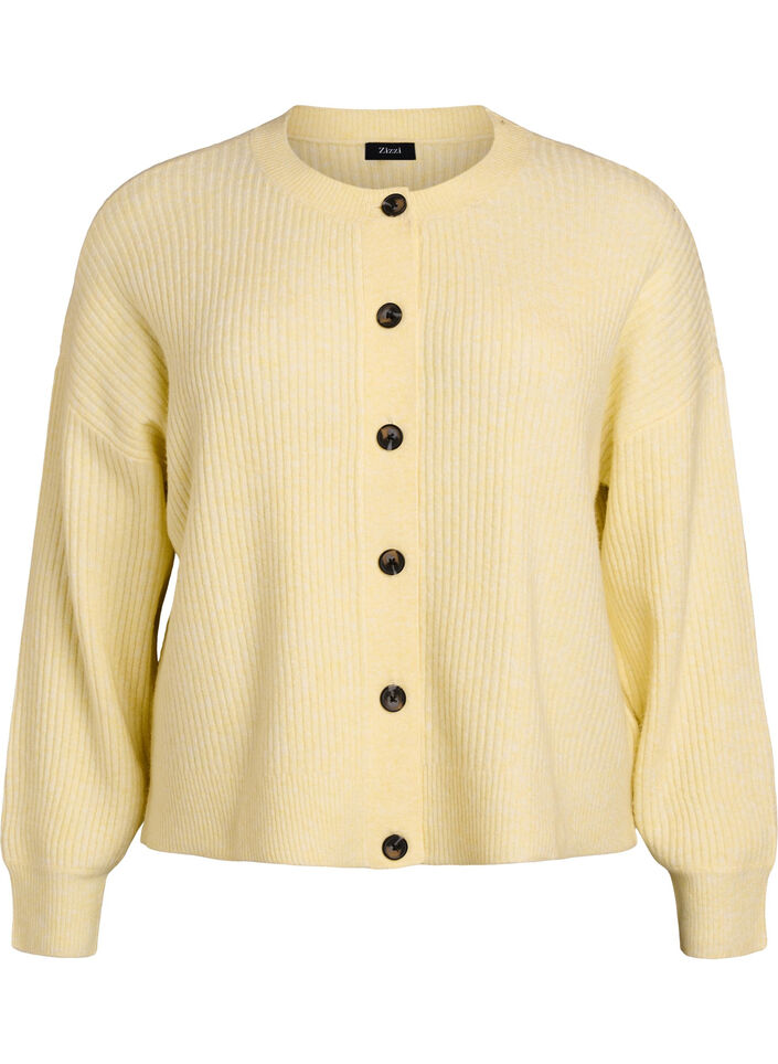 Ribbestrikket cardigan med knapper, Gul, Packshot image number 0