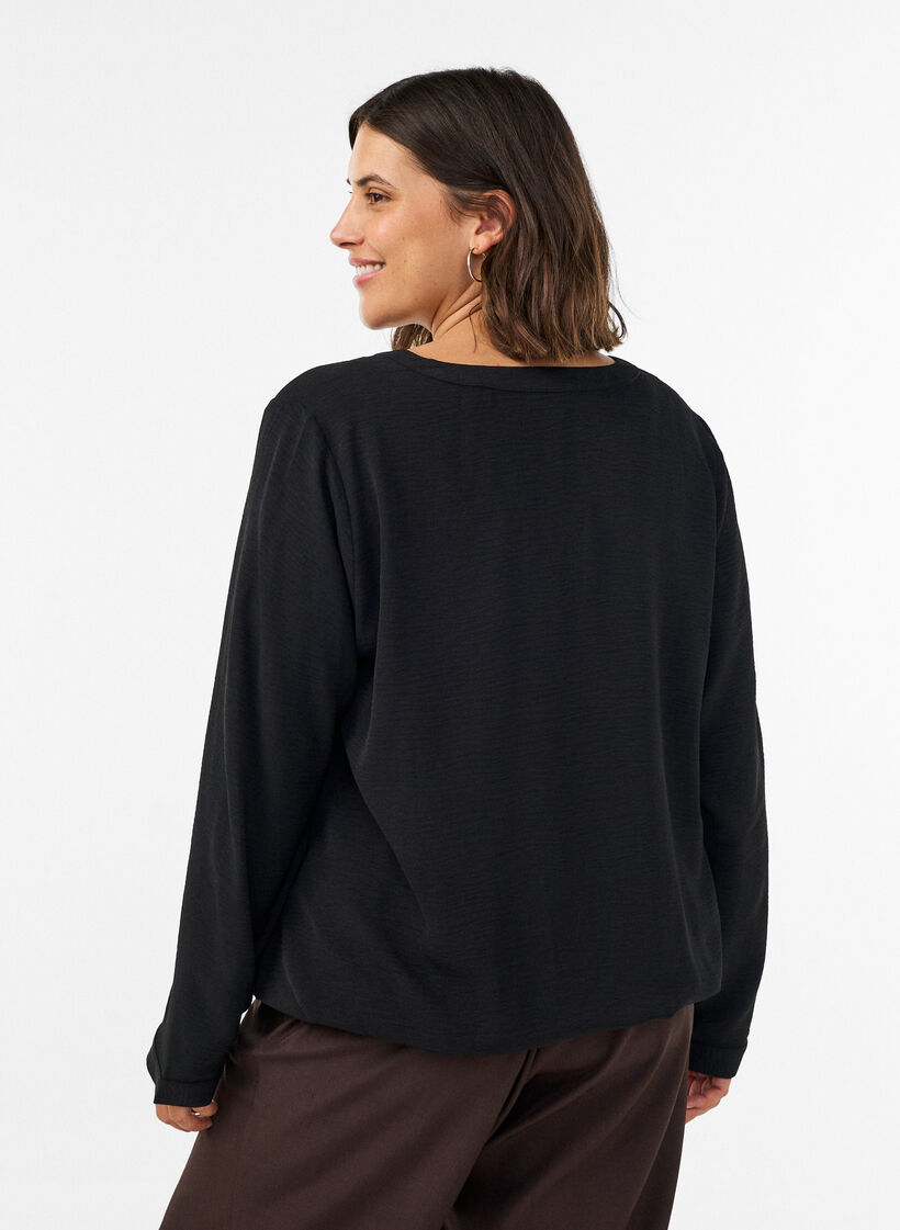 Bluse med ballongsilhuett og V-hals, Svart, Model image number 2