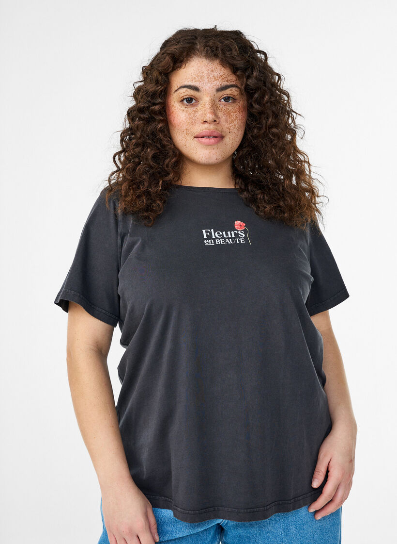 Bomulls T-skjorte med trykk foran og bak, 9991, Model image number 0