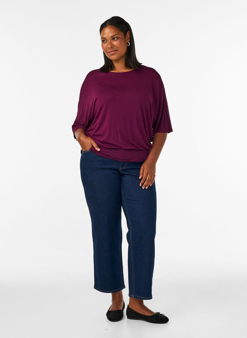 Jerseybluse med albuelange ballongermer, Lilla, Model image number 1