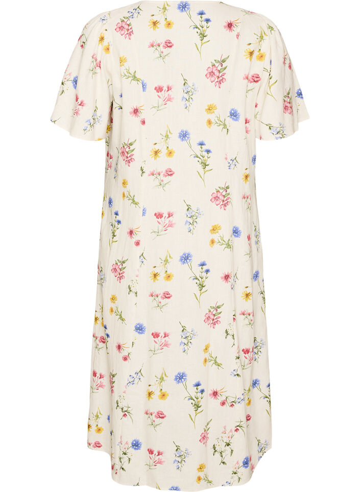 Midikjole i lin og viskose med volangermer, Beige, Packshot image number 1