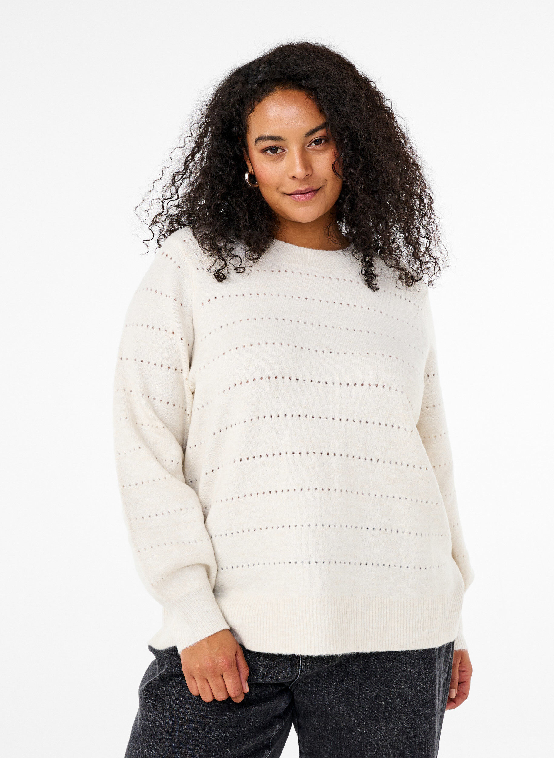 Zizzi Strikket bluse med rund hals og hulm&oslash;nster, Birch Mel., Model image number 0
