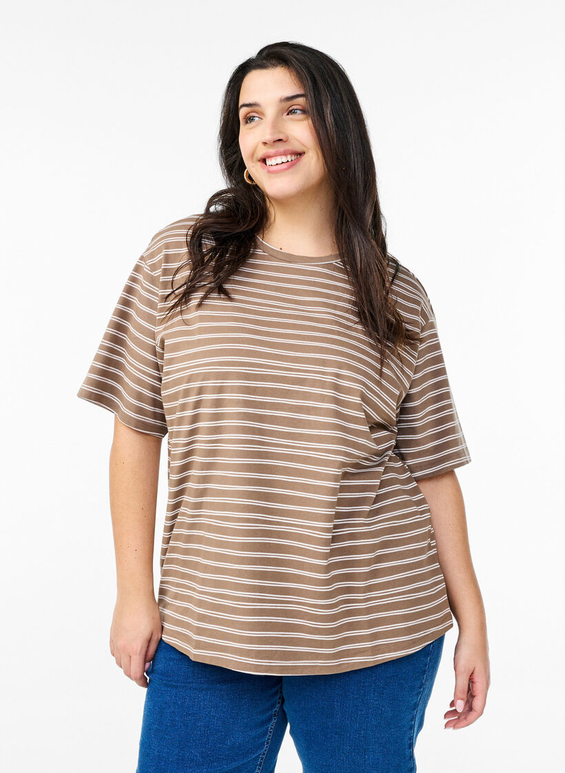 Stripete T-skjorte, Brun, Model image number 0