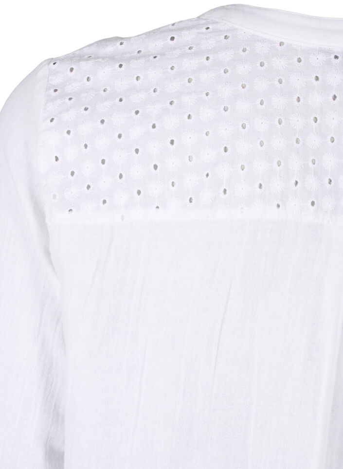 Bomullsbluse med engelsk broderi og 3/4-ermer, Bright White, Packshot image number 3