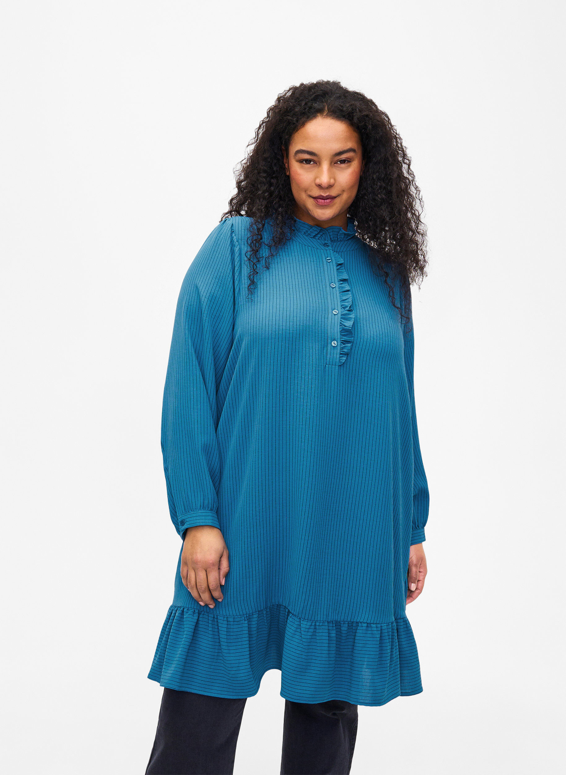 Zizzi Stripete kjole med volangdetaljer, Bl&aring;, Model image number 0