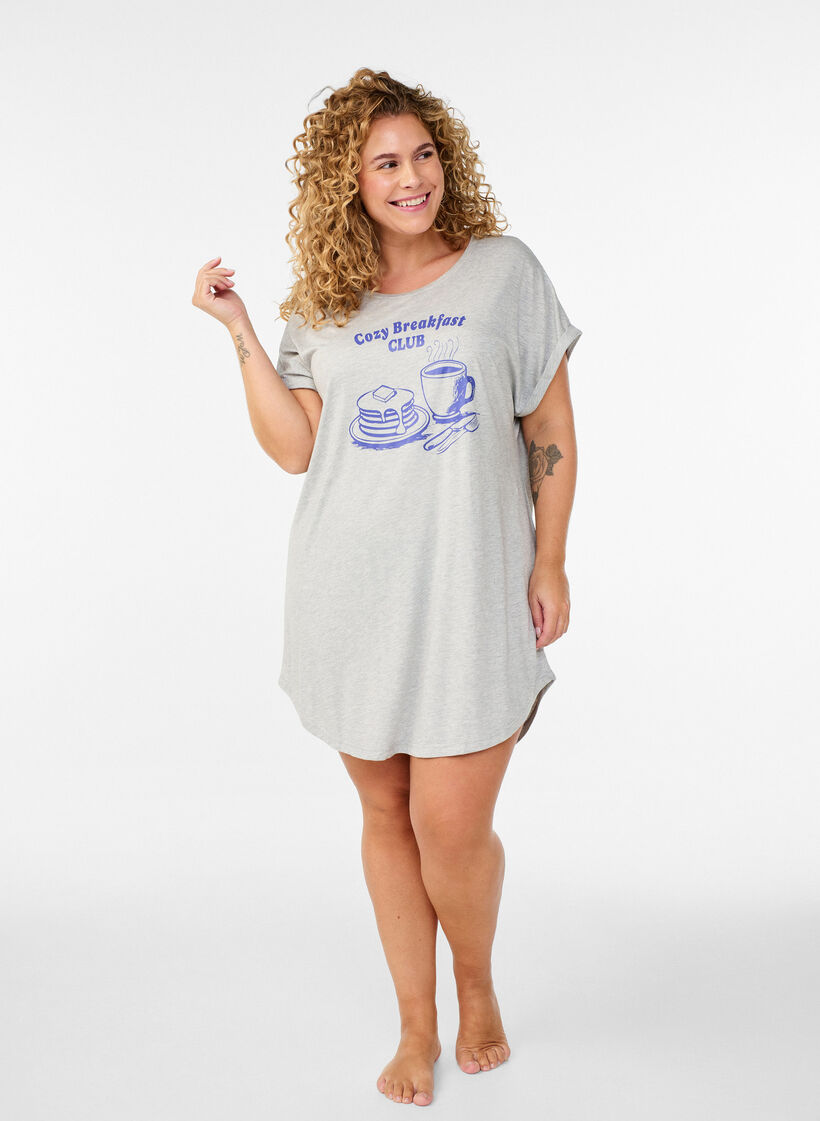 Nattkjole med korte ermer og tekstprint, Gr&aring;, Model image number 1