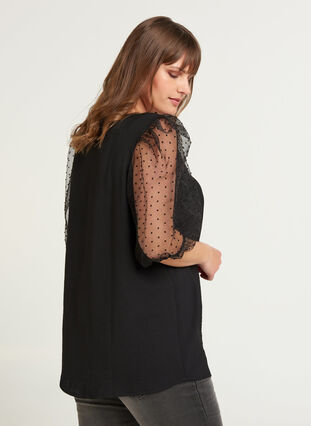Bluse med transparente puffermer, Black, Model image number 1