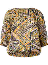Mønstrete bluse med smock og 3/4-ermer, Yellow Aztec AOP