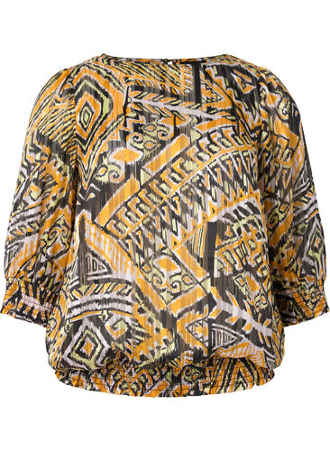 Mønstrete bluse med smock og 3/4-ermer, Yellow Aztec AOP, Packshot image number 0