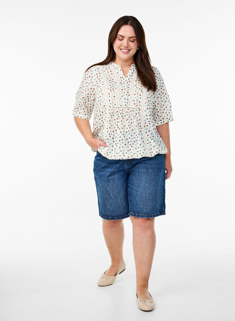 Bluse med trykk og 1/2 ermer, Hvit, Model image number 1