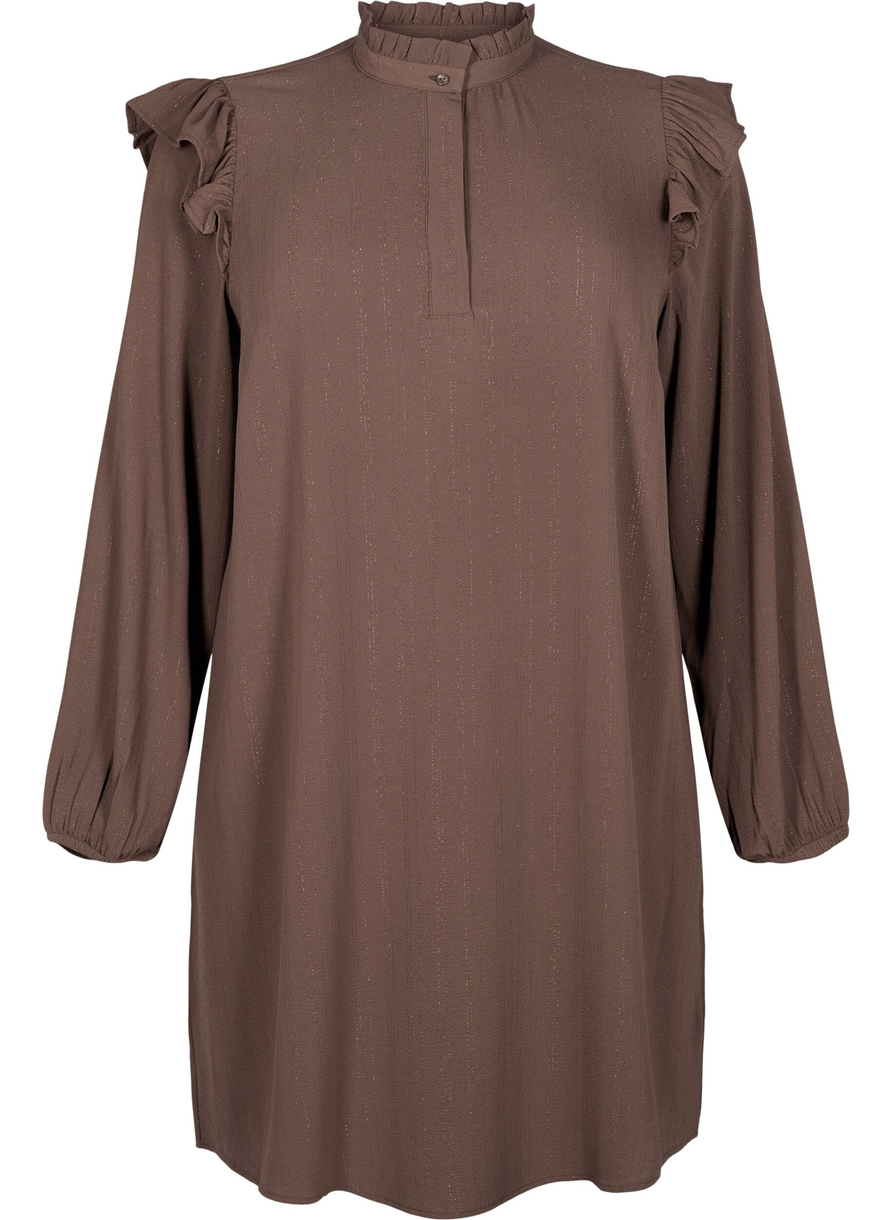 Zizzi Kort kjole med volanger og glitter, Brun, Packshot image number 0