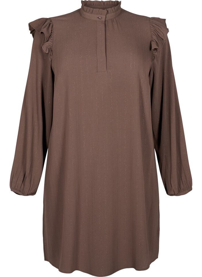 Kort kjole med volanger og glitter, Brun, Packshot image number 0