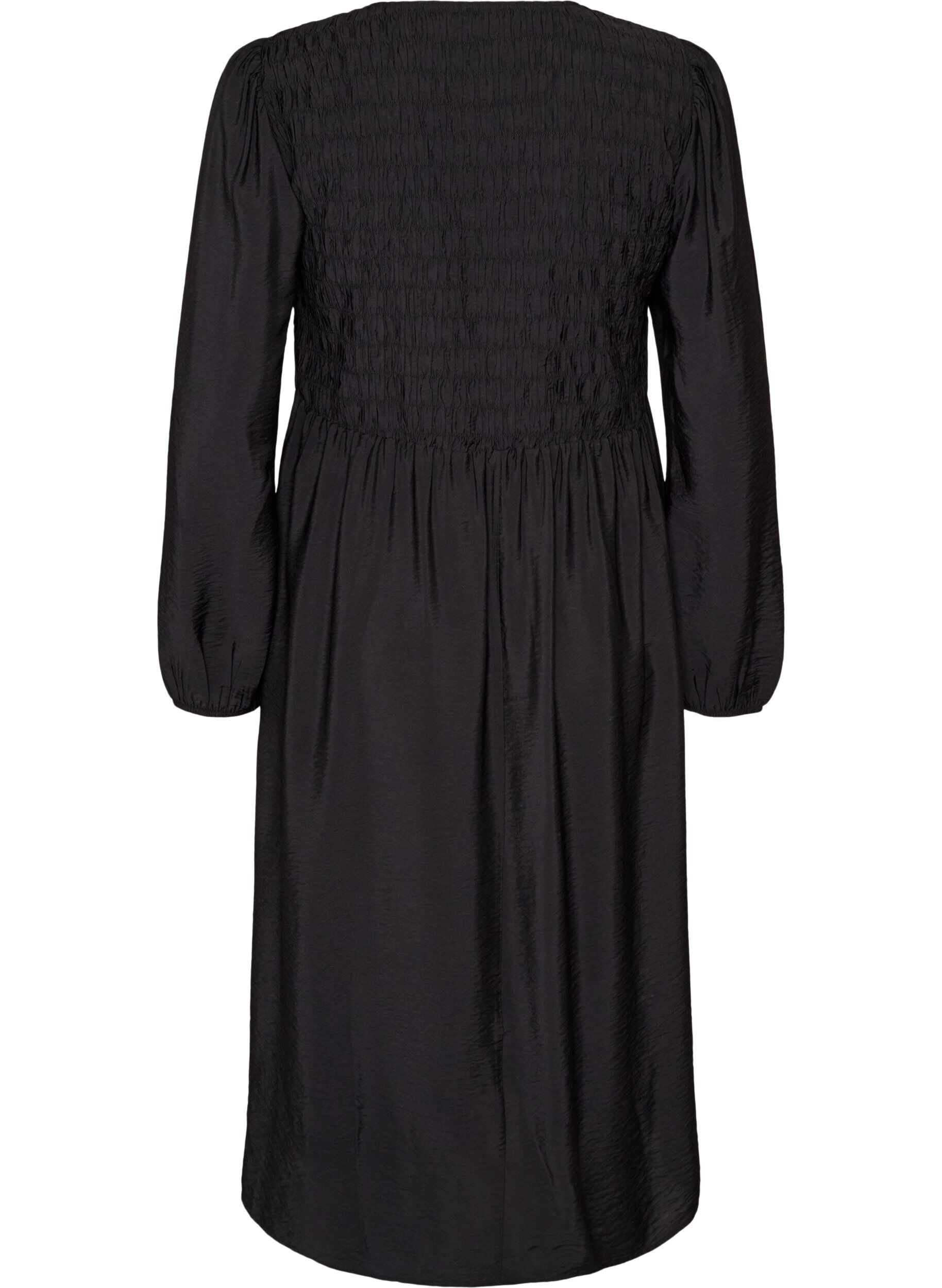ZizziMidikjole i viskose med smocking, Svart, Packshot image number 1