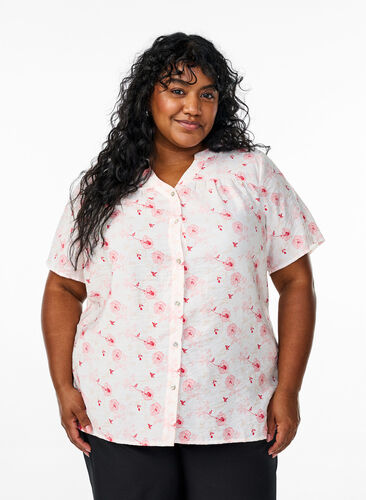Zizzi Skjortebluse med korte ermer og blomstertrykk, Rosa, Model image number 0