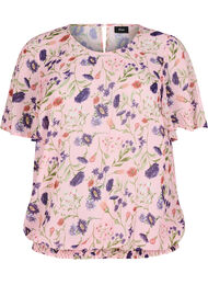 Bluse med blomstertrykk, korte ermer og smocking, Rosa