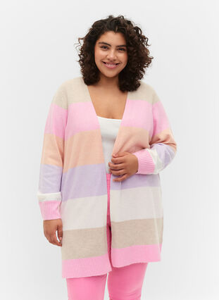 Lang stripete strikket cardigan, Orchid Petal Mel.Com, Model image number 0