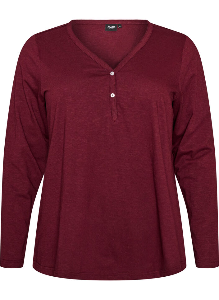 Langermet t-skjorte med V-hals og knapper, R&oslash;d, Packshot image number 0