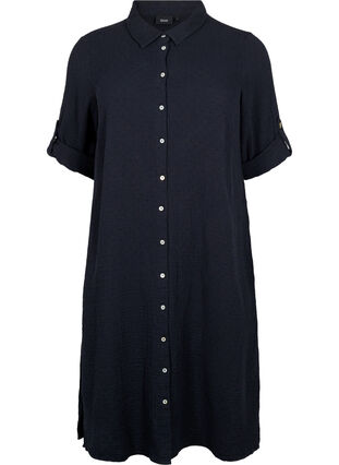 Skjortekjole i bomull med korte ermer, Black, Packshot image number 0