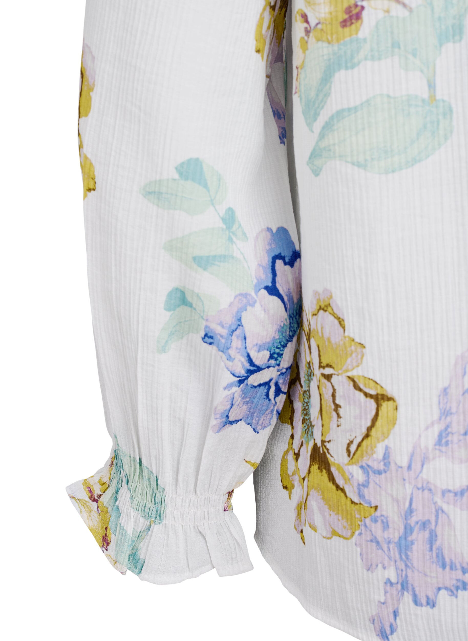 Zizzi Plissert bluse med lange ermer og blomstertrykk, Hvit, Packshot image number 3