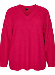 Lang ribbestrikket bluse med V-hals, Rosa