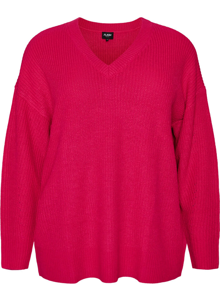 Lang ribbestrikket bluse med V-hals, Rosa, Packshot image number 0