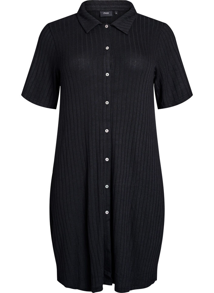 Knelang skjortekjole i jersey med korte ermer, Svart, Packshot image number 0