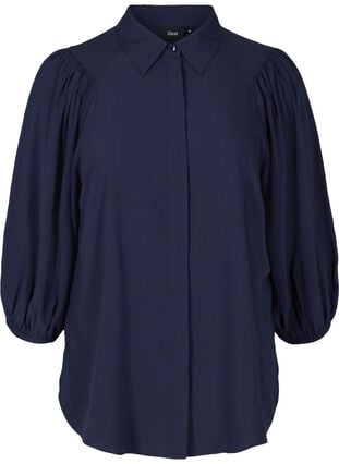 Viskoseskjorte med 3/4-puffermer, Navy Blazer, Packshot image number 0