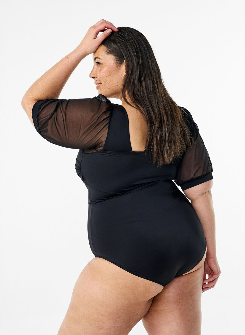 Badedrakt med korte mesh-ermer, Black, Model image number 1