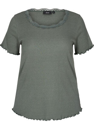 T-skjorte i ribbet struktur med blondekant, Balsam Green, Packshot image number 0