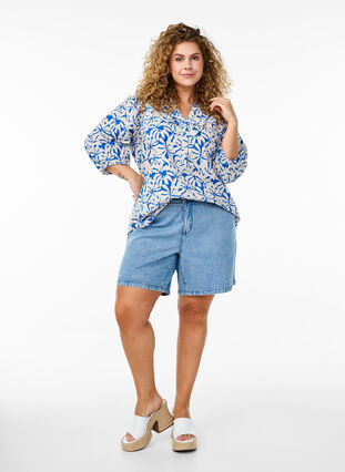 Zizzi Bluse med 3/4 ermer i bomull med striper, Blå, Model image number 1