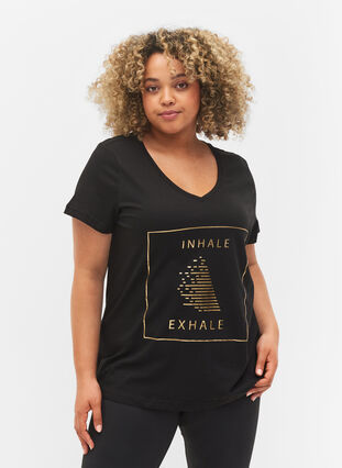 T-skjorte for trening, i bomull med trykk, Black w. inhale logo, Model image number 0