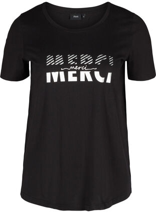 T-skjorte i organisk bomull med trykk, Black Merci, Packshot image number 0