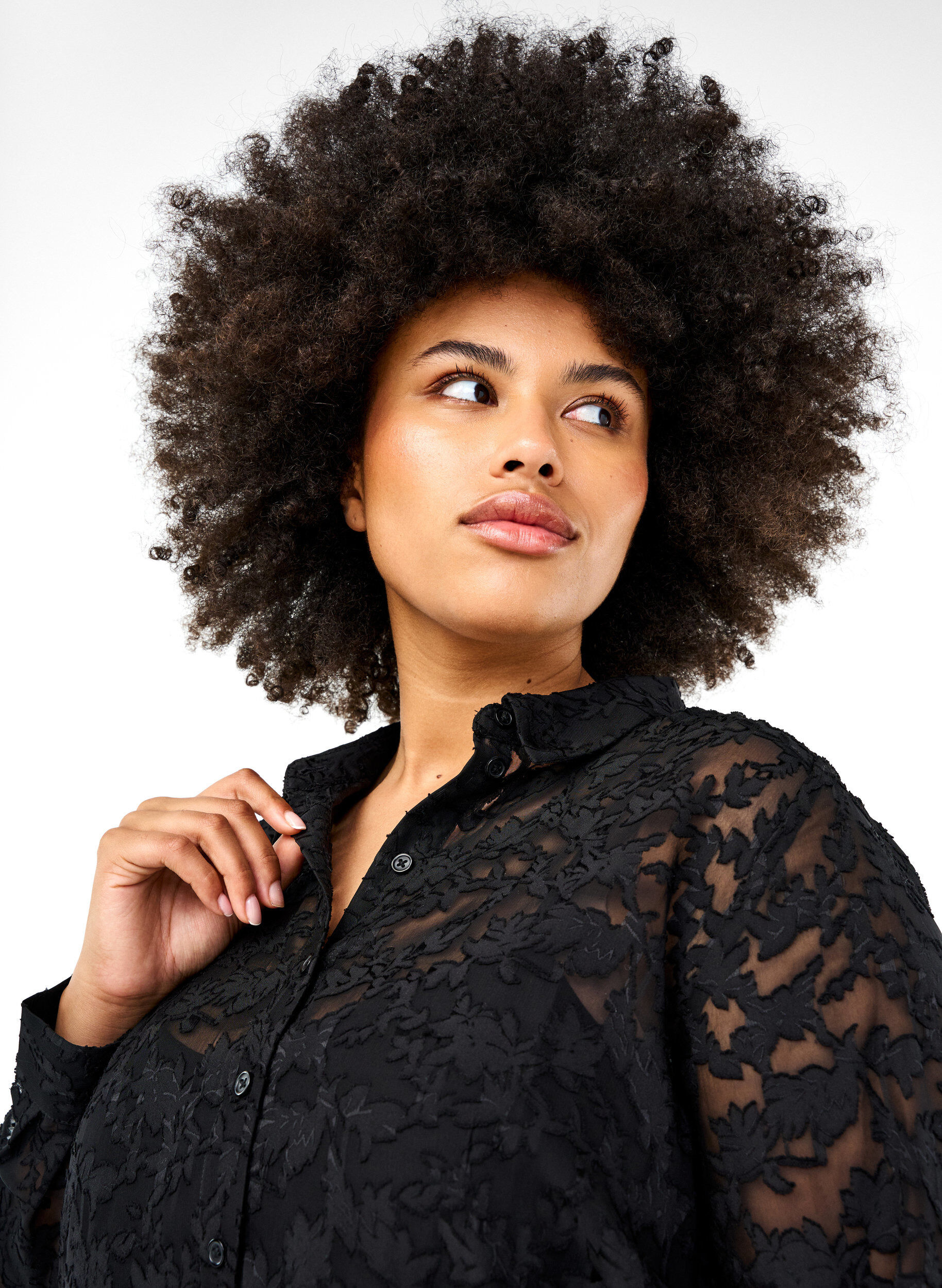 Zizzi Jacquard-skjorte med knapper, Black, Model image number 2