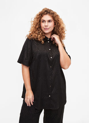 Zizzi Lang skjorte med strukturmønster, Black, Model image number 0