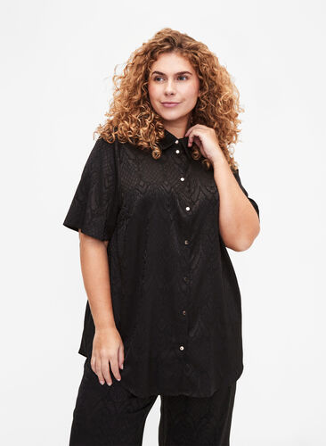 Zizzi Lang skjorte med strukturmønster, Black, Model image number 0