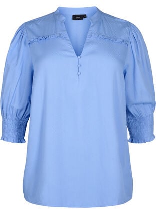 Zizzi Viskosebluse med vaffelsøm og rysjedetaljer, Cornflower Blue, Packshot image number 0