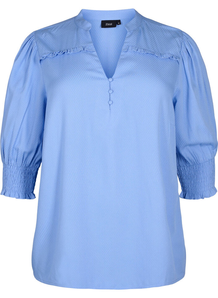 Viskosebluse med vaffelsøm og rysjedetaljer, Cornflower Blue, Packshot image number 0