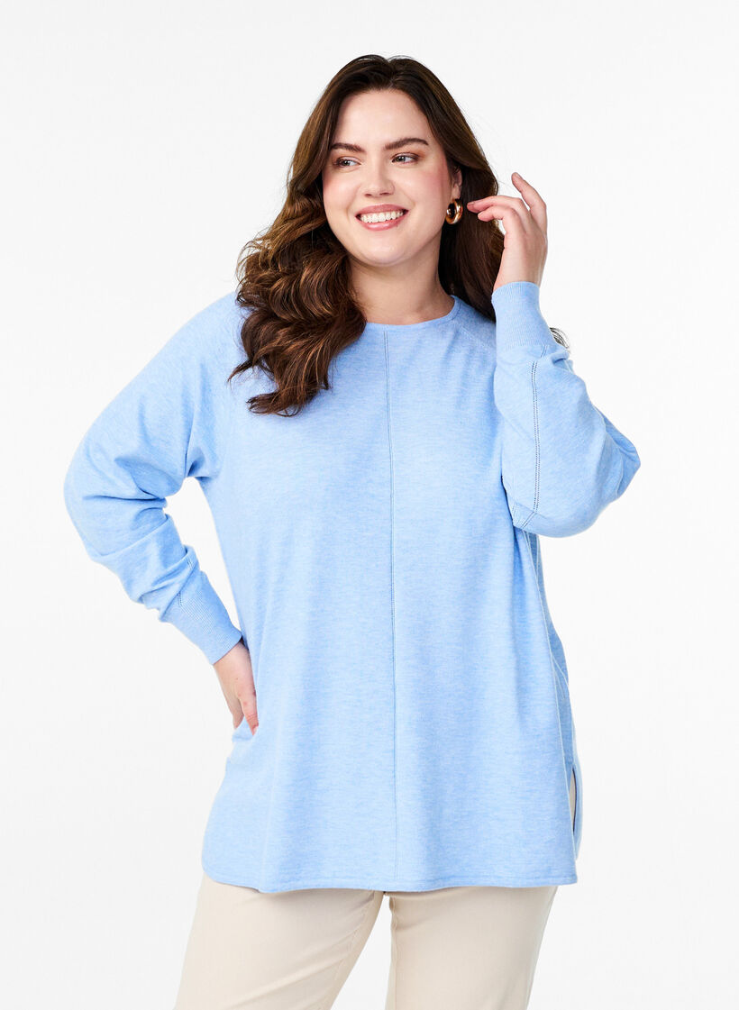 Strikket bluse med rund hals og strikket mønster, Della R. Blue Mel., Model