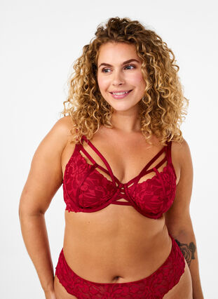 Zizzi Full deknings blonde-BH med snordetaljer, Rhythmic Red, Model image number 0
