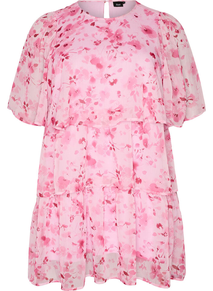 Kort kjole i chiffonlook med blomsterprint og volanger, Rosa, Packshot image number 0