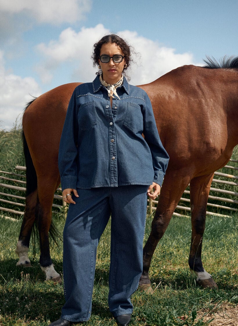 Jeans med vide ben og nagler med høy midje, Dark Blue Denim, Image