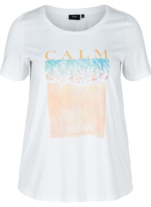 Kortermet T-skjorte i bomull med trykk, Bright White CALM, Packshot image number 0