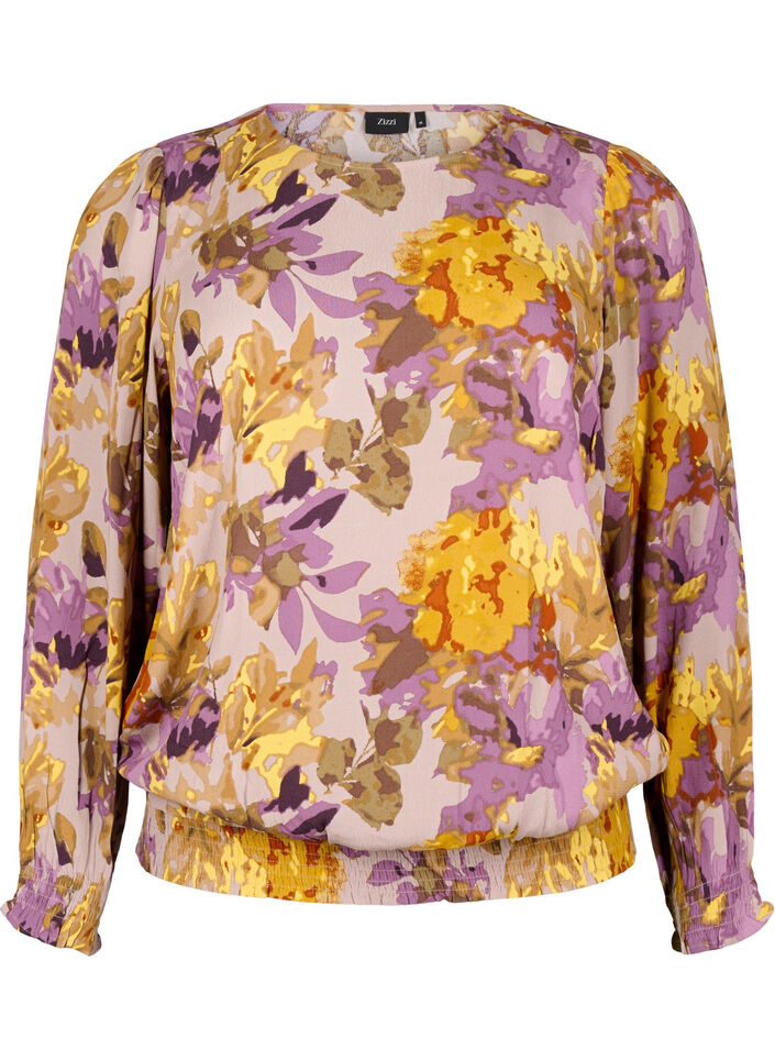 Smockbluse med blomstertrykk, Purple Flower, Packshot image number 0